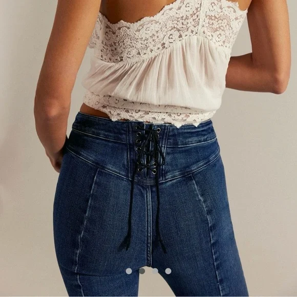 Free People We The Free CRVY Stretch High-Rise Lace-Up Flare Jeans Women’s Sz 27 - Picture 2 of 15